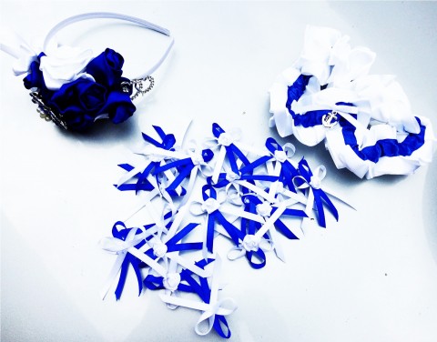 Svatební sada - královsky modrá modrá bílá svatba ozdoba svatební námořnická nevěsta ženich do vlasů novomanželé královská studio leni poldvazek vývazky čelenka 