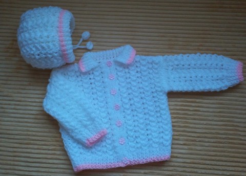Pletená soupravička růžová čepička bílá pletená kabátek soupravička kojenecká 