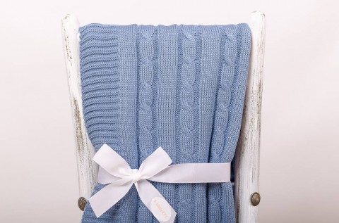 Vintage modrá deka COP, 80x80cm dárek děti deka miminko přikrývka pletená postýlka kočárek výbavička 