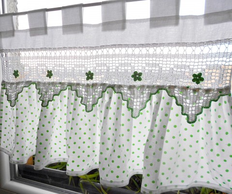 Záclonka - Zelený puntík zelená bavlna bílá srdíčka okna plátno závěsy krajky záclonka 