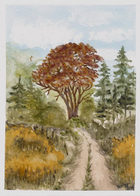 Cestou lesní krajina stromy les keře cesta akvarel 