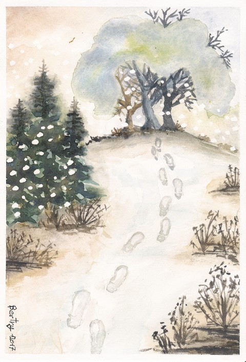 Odcházení sníh zima stromy tráva keř kouzlo stopy magie vločky akvarel sněžení 