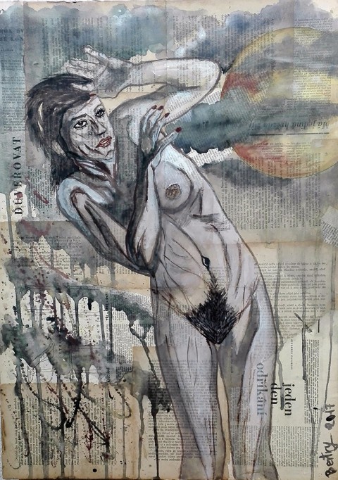 Strach žena akt touha měsíc nahá akvarel nahota strach bledá úplněk klín ňadro prso zarostlá 