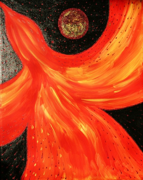 Zrození Fénixe originální obraz pták malba akryl originál oranžový abstrakce ohnivý zářivý fénix 