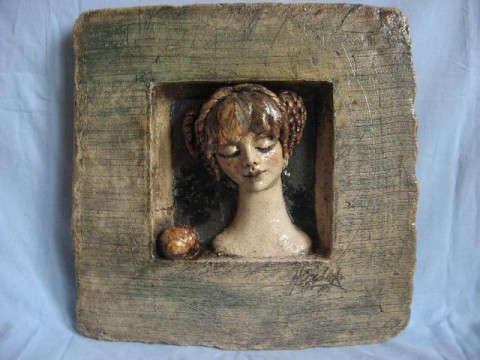 Keramický obraz - Dívka s mušlí dekorace portrét obraz keramika mušle žena umění horalek 