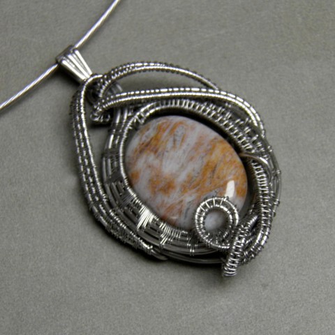 Náhrdelní Thea originální cín jaspis autorský minerály placička obruč oválek žíhaný nerezový drát wire wrapping 