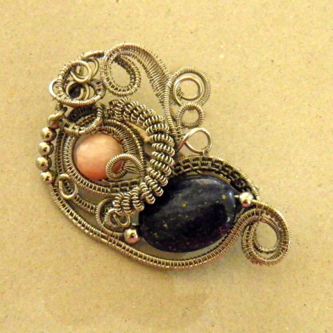 Brož Minerva brož nerez antialergický minerály oválek nerezový drát lapis lazuli rodochrozit wire wrapping broušený korálek 