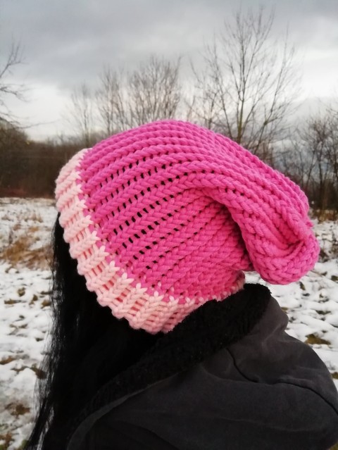 Pletená spadlá čepice - růžová dárek zima žena zimní teplá 