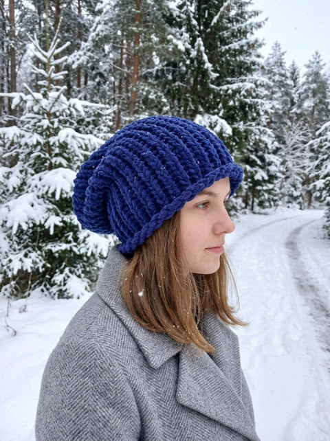 Pletená spadlá čepice (inkoustová) dárek zima žena zimní teplá muž měkká 
