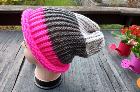 Pletená spadlá čepice neon+šedé dárek zima žena zimní teplá muž 