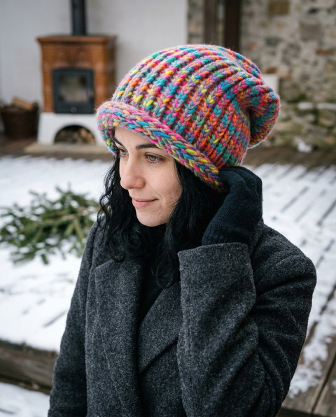Pletená spadlá čepice - color zima čepice žena barevná 