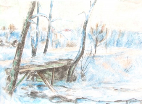 Mostek sníh zima barevné tužky potok most řeka mostek hačka spořice chomutovsko podkrušnohoří 