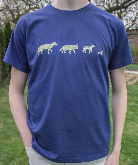 Psí evoluce - tričko pánské originální dárek pes modrá jezevčík vlk triko zvířata tričko potisk muž vtipné psí sítotisk tmavěmodrá pánské lovecký evoluce prehistorický 