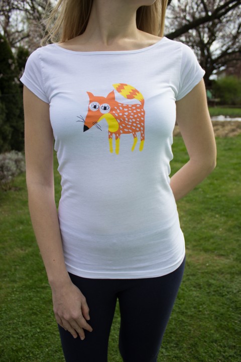 Špión liškyn - tričko dámské originální dárek oranžová bílá narozeniny žena tričko potisk dámské vtipné sítotisk liška zvědavost špion 