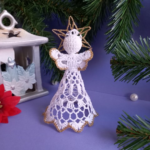 5B-ZH-Andílek, zlatobílý s hvězdou váza dekorace originální dárek ozdoby vánoce háčkovaná háčkovaný vánoční háčkování háčkované luxusní anděl andílek andělíček stromeček chvojí vanoční 