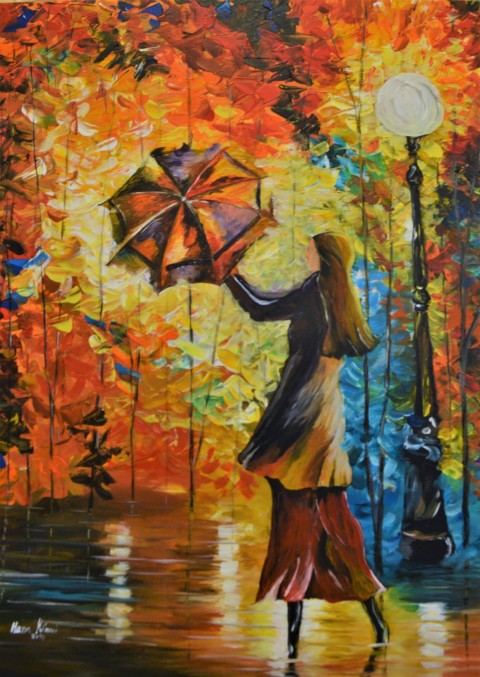 Roztančený podzim obraz podzim malba listy žena lampa barvy stromy déšť plátno deštník akrylové barvy impresionismus špachtlování 