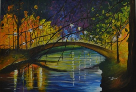Vzpomínka na Paříž voda obraz podzim malba příroda lampy romantika barvy stromy noc odraz plátno zrcadlení paříž most řeka větve akrylové barvy impresionismus špachtlování 