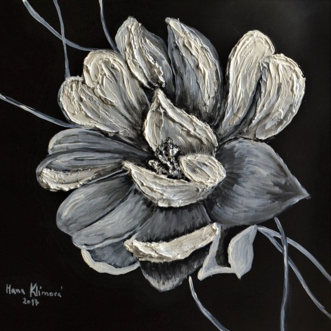 Černobílý květ obraz malba bílá černá plátno pivoňka bílý květ pastózní akryl reliéfní akryl inverzní malba 