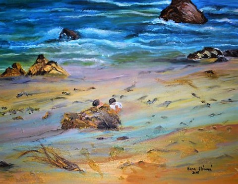 Vzpomínka na dětství moře děti obraz malba léto písek plátno kameny dovolená pláž pastózní akryl reliéfní akryl 