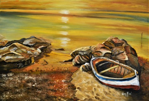 Opuštěné kotviště moře obraz malba lodička písek skály pláž pobřeží západ slunce východ slunce pastózní akryl reliéfní akryl kotviště pramice veslice 