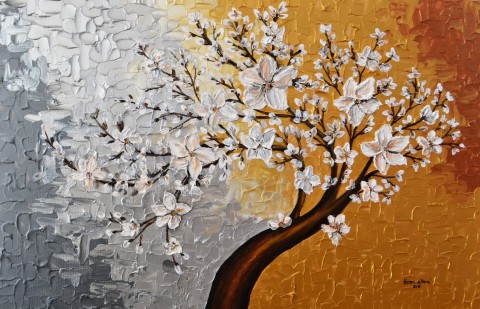 Zrození jara jabloň strom obraz malba zlatá květy romantika jaro stříbrná bronzová něžnost 