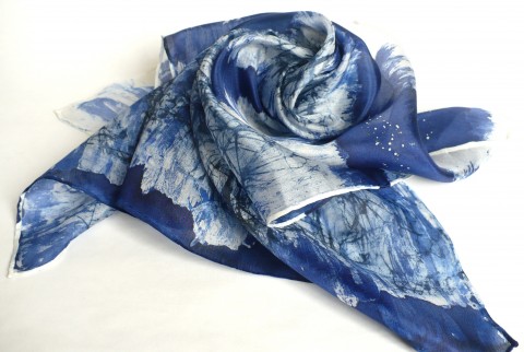 Modrobílý šátek. šátek malba na hedvábí hedvábný šátek dárek pro ženu zelený šátek 