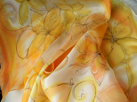Zlatý /hedvábná šála 35x130 cm/ podzim zlatá květy světlo šála medová jemné hedvábí kruhy čokoládová teplá med makovice 