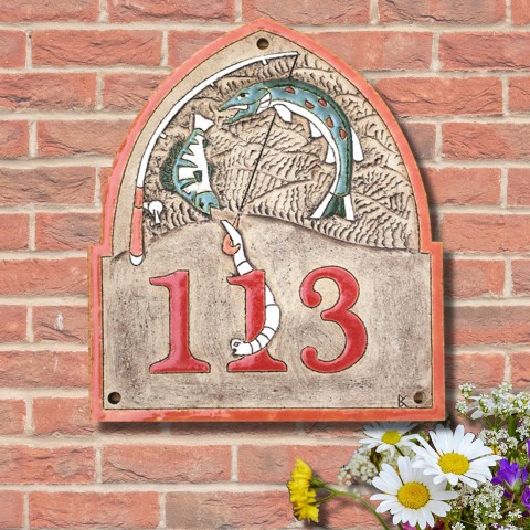 Domovní číslo pro rybáře ryba rybář domovní číslo štika udice číslo popisné číslo na dům číslo na fasádu 