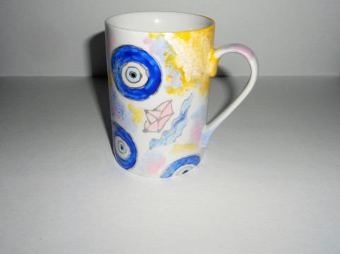Moře, sluníčko a modrá oka moře hrnek hrneček loďka slunce sluníčko hrníček řecko ručně malovaný na čaj na kávu porcelánový modrá oka 