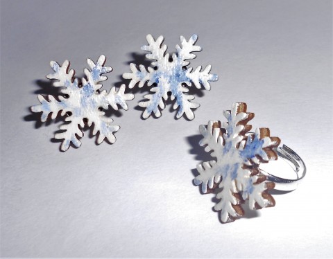Sněhové vločky náušnice prsten sníh zima zimní prstýnek vločky ručně malované modrobílé sada šperků 