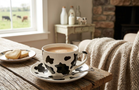 Kravičková kávička originální hrnek čaj káva porcelán designový kráva černobílý černá a bílá ručně malovaný zvířecí vzor na kávu malovaný hrníček malovaný hrnek malovaný porcelán hrníček s podšálkem autorský hrnek kraví vzor 