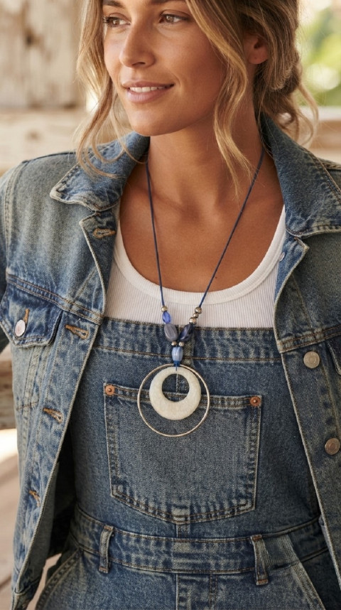 Blue jeans - Šik-art náhrdelník modrá bílá šedá stříbrná korále designový džínový ležérní dlouhý náhrdelník výrazný náhrdelník originální náhrdelník výrazný šperk šik-art náhrdelník ležérní náhrdelník blue jeans džínový look 