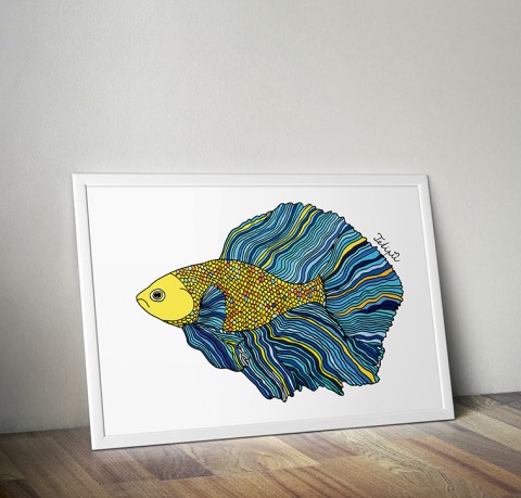 Za závojem modrožlutým voda ryba ilustrace barevná kresba 