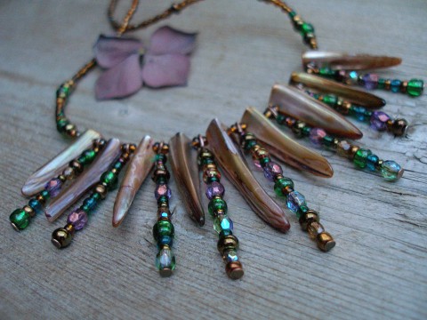 Indianna ... sada, SLEVA z 399,- náhrdelník zelená fialová perleť extravagantní měděná indiánský tmavězelená 