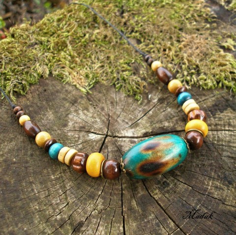 Kolekce Flowering wood LXXXV. dřevěné náhrdelník originální hnědá dámský tyrkysová barevný veselý keramický podzimní petrol 