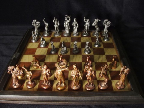 Šachové figury - lovecké měď+cín cín hra šachy lovec myslivec cínové šachové figurky šach mat 