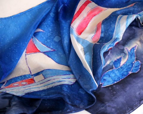 Hedvábný šátek Moře moře modrá ryba loď šátek maják plachetnice vlny 