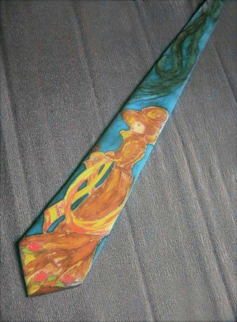 Kravata Dáma s kloboukem modrá elegantní hnědá dáma secese kravata hedvábná malovaná 