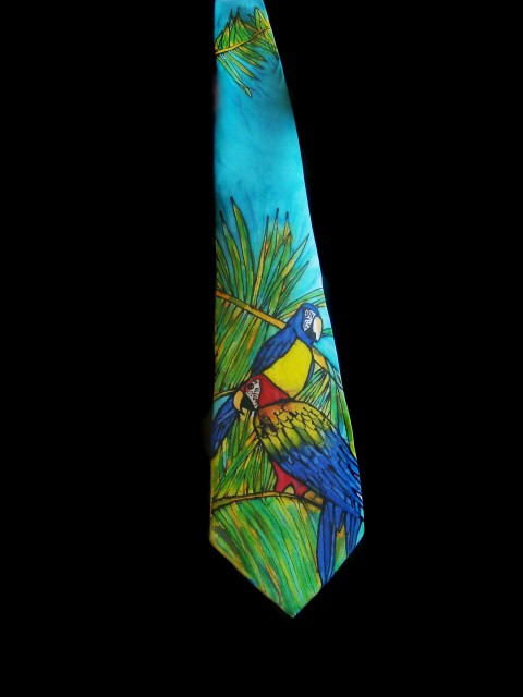 Kravata hedvábná Papoušek červená zelená modrá pták žlutá extravagantní hedvábí papoušek kravata malovaná pestrobarevná exotická palma 