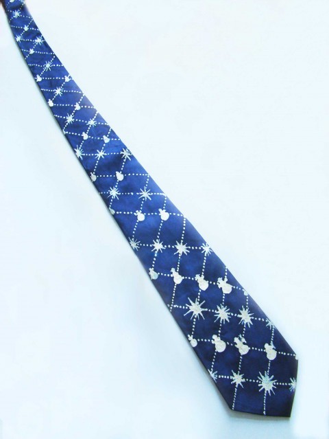 Kravata Sněhuláci originální modrá bílá zimní hedvábí kravata malovaná veselá kontura sněhuláci 