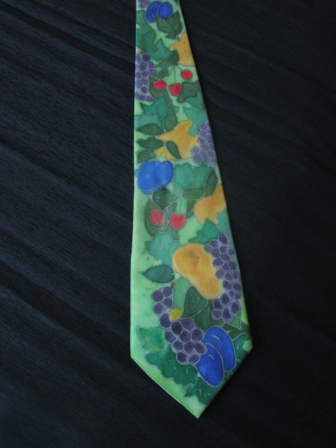 Kravata Sklizeň zelená modrá podzim fialová přírodní ovoce žlutá kravata hedvábná malovaná kontura 