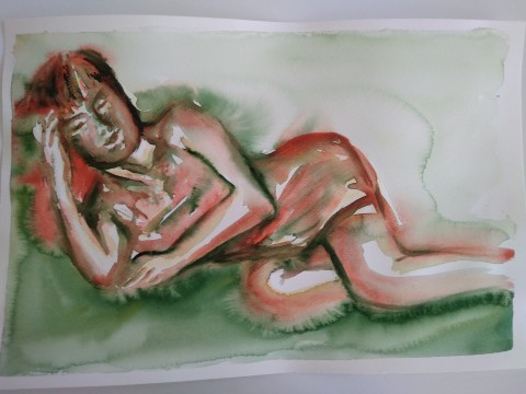 Akvarel originál Lady in Red papír červená zelená obraz malba žena originál akvarel ležící 