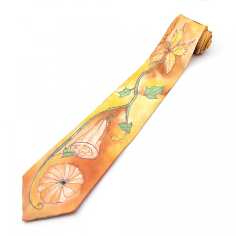 Kravata Podzimní nálada nálada oranžová podzim dýně hnědá žlutá hedvábí kravata listí ručně malovaná 