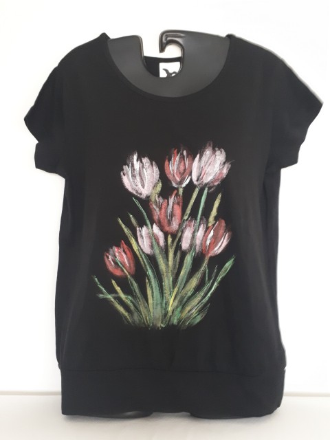 Tričko malované Tulipány malované květy černá tričko tulipány 