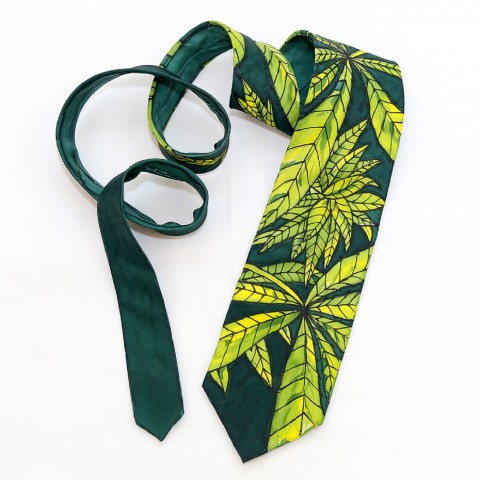 Kravata Omamné konopí listy zelené konopí hedvábí kravata hedvábná kontura pánská ručně malovaná džungle omamné 
