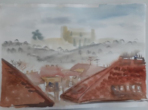 Akvarel originál Tam v dálce je kůň obraz kůň krajina město originál praha akvarel domy střechy žižkov vítkov 
