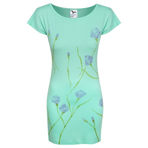 Tričko/šaty malované Kvetoucí fialová letní elegantní jaro šaty lila lehké tričko kvetoucí mátová ručně malované 