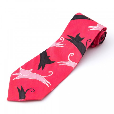 Hedvábná kravata Mám rád kočky červená bílá černá kočky hedvábí kravata hedvábná kontura pánská ručně malovaná 