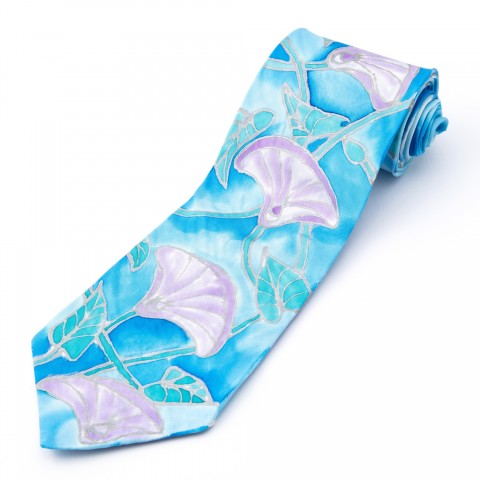 Hedvábná kravata Svlačec modrá fialová hedvábí secese kravata hedvábná kontura svlačec pánská ručně malovaná 
