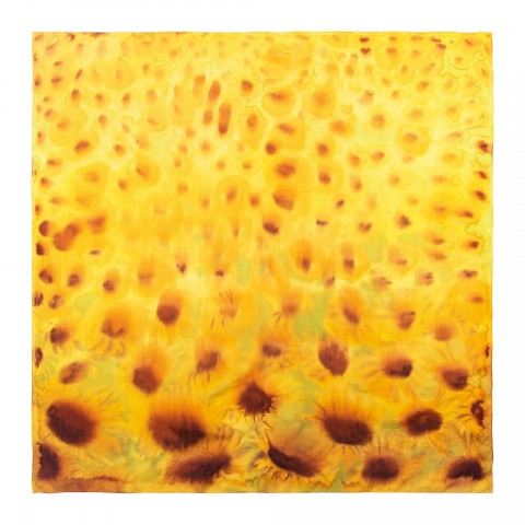 Hedvábný šátek Slunečnicové pole malované letní slunečnice veselé žlutá kytky hedvábí šátek hřejivé pole 